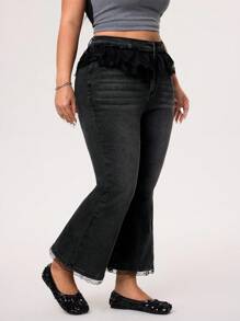 SHEIN ICON Quần jeans denim rách cỡ lớn có viền ren bất đối xứng và ống loe - màu đen - Xem 4