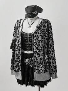 Flirla 大码女式休闲个性化连帽长袖豹纹罗纹拉链套头衫，秋季复古冬装 - 彩色 - 查看 3