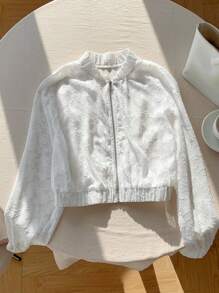 Comfortcana Women's Casual Daily Street Jacquard Zip-Up Jacket, Spring/Autumn,Fall Women Clothes - White - View 4