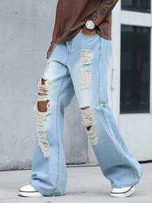 Manfinity Roghcode Men's Straight Leg Distressed Retro Flare Jeans, Emo Style - Light Wash - View 3