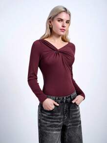 Maija Women's Burgundy Asymmetrical Twist Collar Long Sleeve Fitted T-Shirt, Fashionable, Sexy And Elegant, Versatile Casual Daily Wear Festival