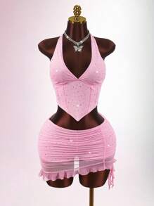 Amplova 女式性感亮片露背吊带上衣和迷你裙两件套