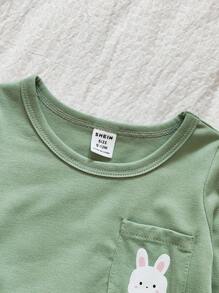 SHEIN Vintaside Kids 2 件女婴春秋兔子印花长袖 T 恤和格子休闲裤套装，时尚舒适 - 綠色 - 查看 6