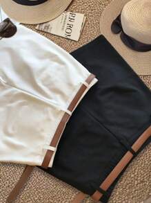 SHEIN 大码女式黑白格子休闲短裤，适合通勤、办公、休闲和户外活动（不含腰带） - 彩色 - 查看 2