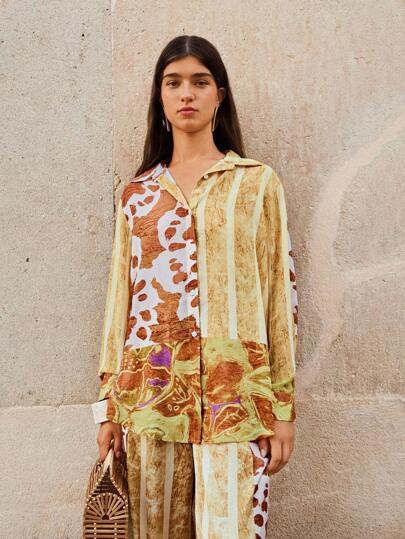 Maija 女士时尚撞色印花拼布衬衫