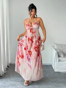 Elenzga Romantisches Maxikleid in Große Größen mit Aquarellmuster in Mehrfarbigkeit, Blumen-Muster, Spaghettiträgern, geraffter Büste, plissiertem Saum, eleganter Freizeitmode für den Urlaub - Verschiedenfarbig - Übersicht 5