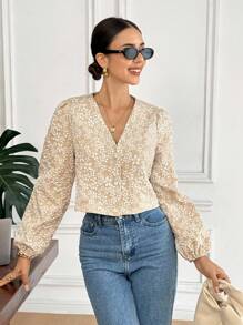 Serisse 女装秋季花卉提花长袖单排扣时尚夹克外套商务休闲女装返校服秋季女装四季服装教师装优雅灯笼袖花卉夹克居家办公 - 杏色 - 查看 5