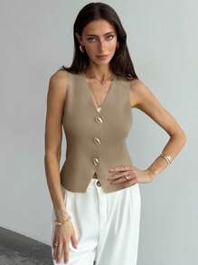 Aloruh 女士金属单排扣V领休闲针织毛衣背心，秋冬夏季假日简约通勤毛衣背心，配有独特金属扣，适合办公室穿着。 - 卡其色 - 查看 5