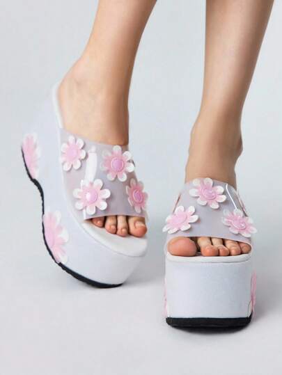 Kawaii Women's White Rock Punk Y2K Sweet Floral Dress Shoes Party Lolita Crystal Shiny Outdoor Wedge Sandals