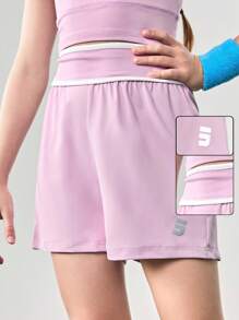 JNSQ Tween Girls Back To School Outdoor Sports Loose Shorts, Children's Elastic Waist 3M Reflective Patchwork Contrast Color Professional Outdoor Sports Shorts - Pink - View 1
