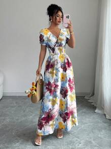 Elenzga Vestido de mujer con estampado floral, cuello en V y manga corta con cierre cruzado delantero