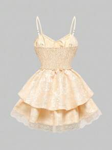 ROMWE EDITION Váy suông thanh lịch xếp lớp màu trơn dài đến giữa bắp chân cho nữ - Màu be - Xem 2