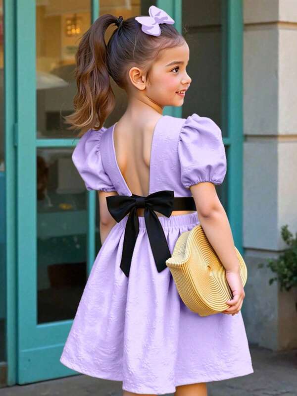 Girls' Sweet Solid Color Puff Sleeve Dress, Removable Bow Design At Back, Suitable For Casual Vacation Wear, Summer