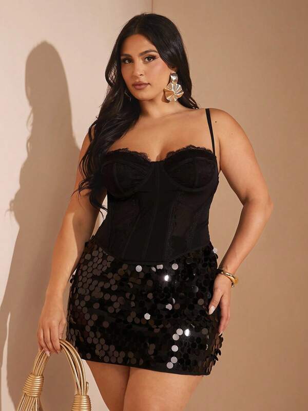 SHEIN BAE Minifalda de lentejuelas de unicolor para mujer de talla grande, para fiestas de primavera/verano y clubes