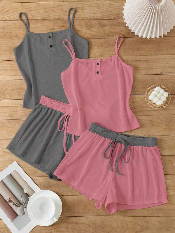 2 peças Conjunto de Pijama Camisole Casual Feminino