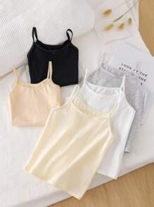 Genkimix Kids 5pcs/Set Girls Young Girl Multicolor Crescent Floral Lace Bow Camisole Vest, Sweet Sports Style Suitable For Inner & Outer Wear Girls Plain Tank Top Girls Tank Tops Multipack Fall Winter - Multicolor - View 6