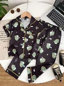 SHEIN 女童卡通恐龙仿丝短袖睡衣套装 - 黑色 - 查看 1