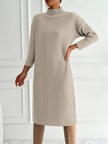 EURMUSE Women's Casual Solid Color Stand Collar Knit Dress, Autumn/Winter,Petite - Beige - View 5