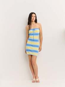 Nöista Striped Bodycon Mini Dress In Soft Knit With Blue And Butter Yellow Tones. Tie-Front Neckline-Perfect For Beach Outings, 4th Of July Fun, Or Summer Getaways!