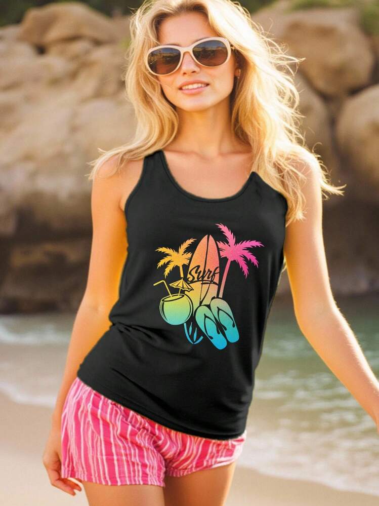 SHEIN VCAY Áo ba lỗ in hình cây cọ dành cho nữ, hoàn hảo cho kỳ nghỉ và thời gian giải trí Áo phông họa tiết dành cho nữ - màu đen - Xem 1