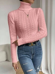 Almamuse كنزة صوفية نسائية كاجوال بلون أحادي من الكشمير المحبوك بياقة عالية، بلوزة محبوكة للخريف والشتاء - وردي - مشاهدة 5