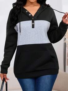 INAWLY 女士纽扣半开襟撞色连帽衫，带抽绳，适合毕业季、返校季、毕业典礼、教师节等场合，秋季返校套头衫 - 彩色 - 查看 4