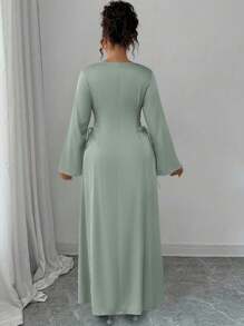 SHEIN Elenzya Vestido Elegante de Manga Longa com Laço na Cintura, Plus Size - Verde - Visão 2