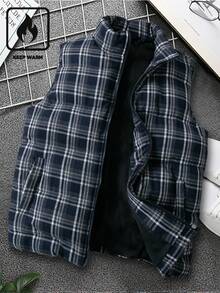 Manfinity Homme 男士秋冬无袖格子休闲开衫，立领加厚背心，加厚格子背心男士背心男士外套背心男士冬季背心，2000 年代风格 - 藍色 - 查看 1