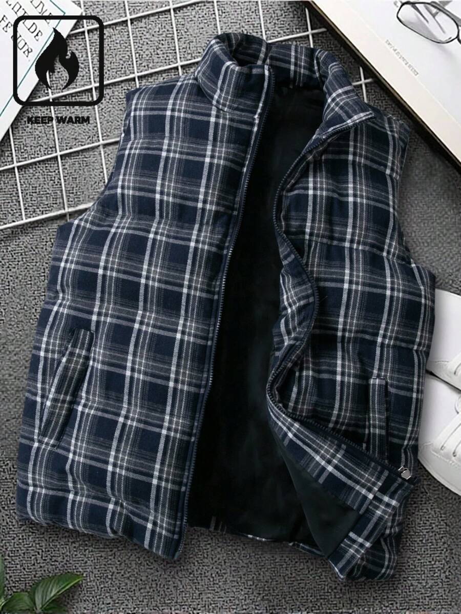 Manfinity Homme 男士秋冬无袖格子休闲开衫，立领加厚背心，加厚格子背心男士背心男士外套背心男士冬季背心，2000 年代风格 - 藍色 - 查看 1