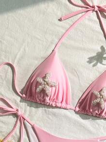 SHEIN Swim Curve 2 件大码女士粉色珍珠装饰比基尼套装，夏季海滩度假