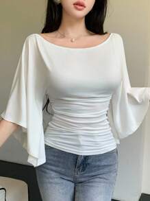 Celisse Camiseta de mujer de unicolor elegante, de punto, con mangas acampanadas y alta elasticidad