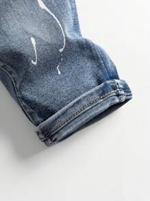 SHEIN Playful Pals Baby Boys Y2K Style Distressed Denim Jeans, Slim Fit Rolled Hem, Comfortable Stretch Fabric, Casual & Fashionable Baby Boy Jeans Fall Winter - Medium Wash - View 3