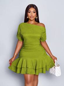 SOLERSUN 女士优雅派对日间杏色针织不对称领口长袖褶皱双褶迷你连衣裙 - 綠色 - 查看 7