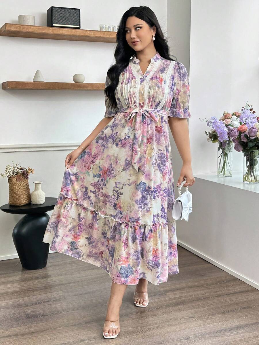 Modelyn Plus Size Elegant Floral Print Notched Neck Short Sleeve Dress - Multicolor - View 1