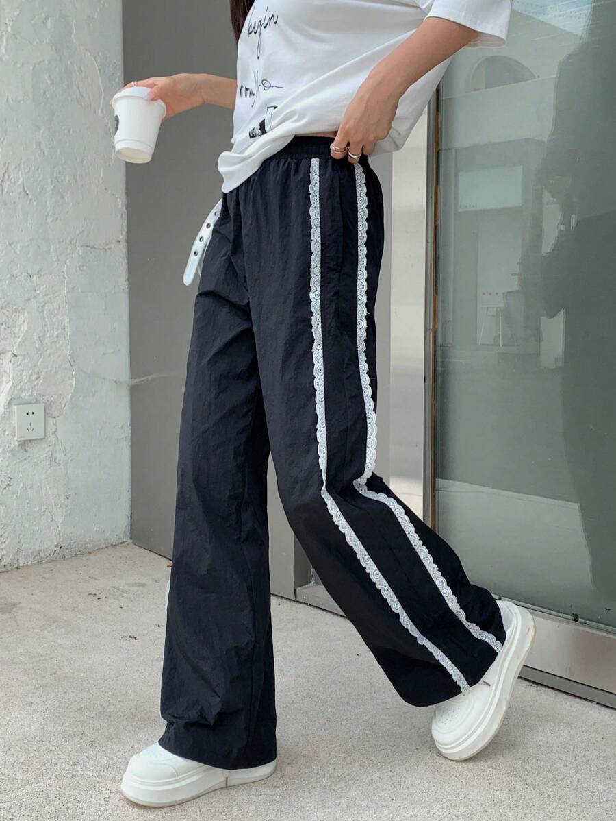 SHEIN Quần dài thường ngày dệt trơn màu chắp vá hai lớp nhún bèo cho bé gái tuổi teen - màu đen - Xem 1