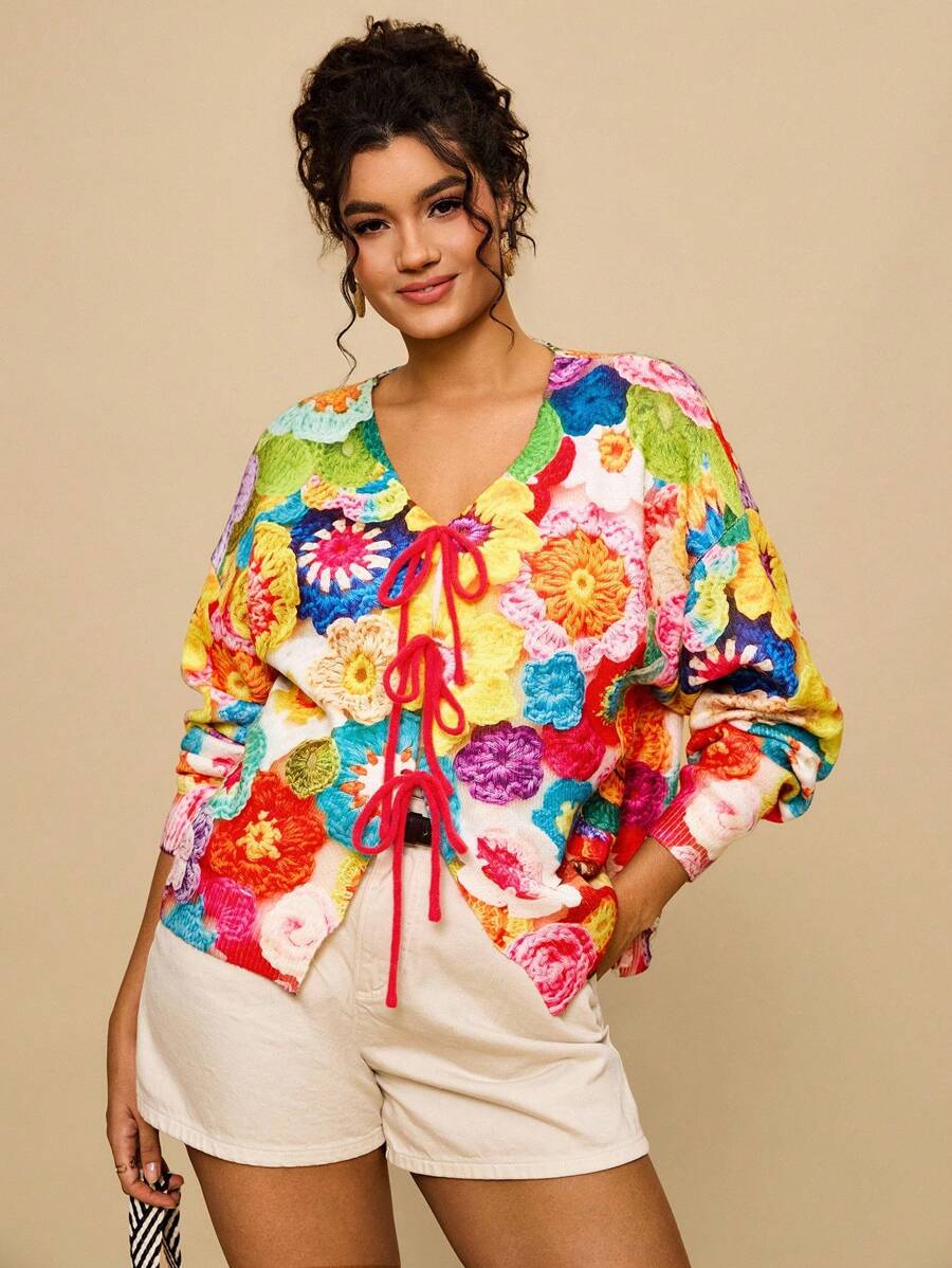 SHEIN VCAY Cardigan à imprimé floral avec nœud, vêtements de style décontracté pour la saison automne-hiver, idéal pour les femmes en tailles plus