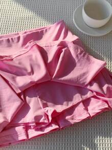 Comfortcana Váy mini xếp ly thể thao dễ thương đan màu hồng giản dị mùa hè cho nữ - Hồng - Xem 6