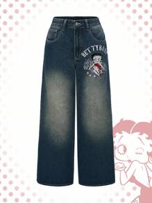 Betty Boop | ROMWE 卡通人物刺绣哥特式十字架与藤蔓玫瑰做旧水洗超大 Y2K 牛仔裤