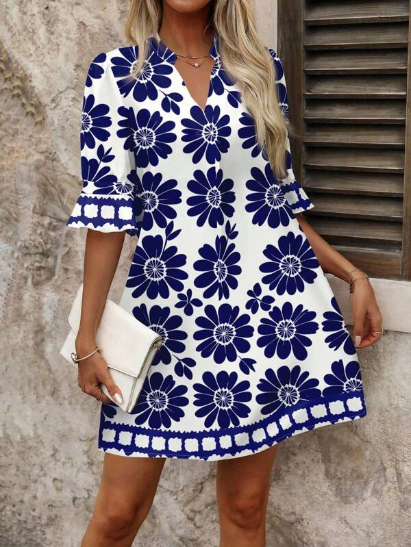 SHEIN Clasi Blue & White Vacation Printed Mini Dress,Vacation Outfits Woman  ,Sundresses For Women Vacation Dress