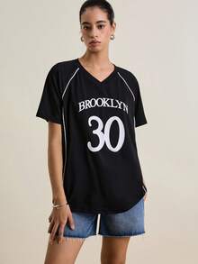 INAWLY 女士休闲字母和数字印花T恤，夏季 - 黑色 - 查看 4