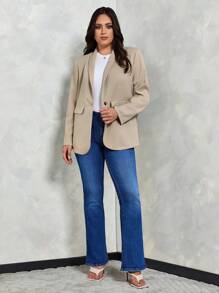 SHEIN Tall CURVE 秋冬新品 灰绿色 女式束腰纽扣西装外套 - 卡其色 - 查看 4