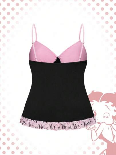 Betty Boop | ROMWE Top de tirantes con volantes, estampado de figura y letra de dibujos animados, con detalles de rhinestones, para mujer de talla grande