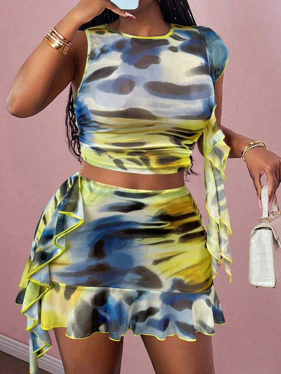 Slaydiva Women's 70s Yellow Summer Two Piece Outfits,Leopard Print Round Neck Sleeveless Ruffled Vest Top & Asymmetrical Mini Skirt,Night Out Party Dress - Multicolor - View 1
