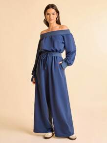 CAJUNI Tuta monocolore a maniche lunghe con spalle scoperte - Top basic/da uscire per donne/Abbigliamento autunnale per donne/Spalle scoperte - Blu Navy - Visualizzare 3