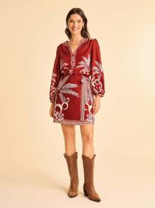 CAJUNI Women's Tropical Print V-Neck Casual Long Sleeve Shirt - Red - View 3
