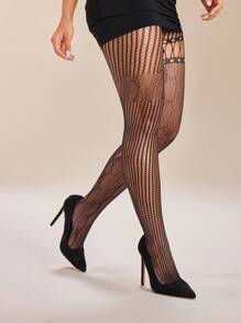 SHEIN ICON 时尚性感黑色镂空不对称连裤袜 - 黑色 - 查看 4