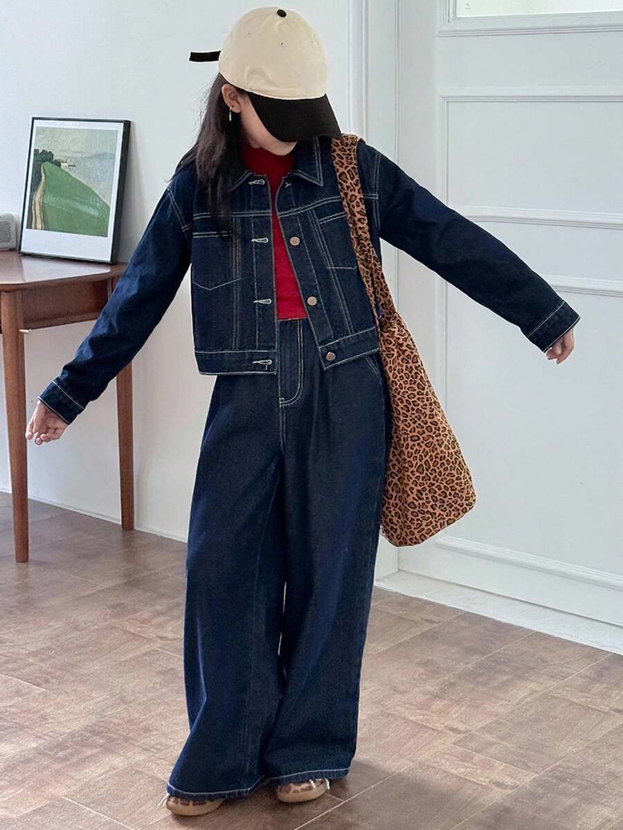 DAZY 青少年女孩休闲长袖纽扣上衣和阔腿牛仔裤两件套秋冬 - 藍色 - 查看 1