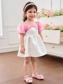 SHEIN Baby Girl Woven Contrast Color Puff Sleeve Snug Fit Dress - Pink - View 3