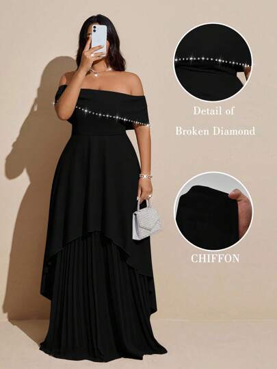 Grovea Plus Size Women Elegant Luxurious Off Shoulder Diamond Decor Chiffon Pleated Formal Dress For Party/Banquet