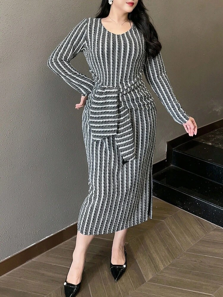 Dazy Plus V-Neck Elastic Wrap Long Sleeve Tie Waist Dress, Plus Size, Suitable For Party, Spring/Autumn